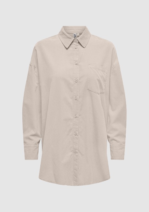 Beige Hemd mit langen Ärmeln und Knopfleiste.