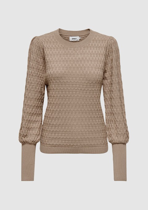 Ein beigefarbener Pullover mit langen, gepufften Ärmeln und gestreifter Struktur.
