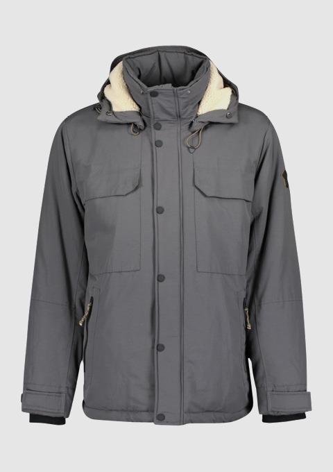Grau gefütterte Jacke mit Kapuze und Taschen. Grau gefütterte Jacke mit Kapuze und Taschen.