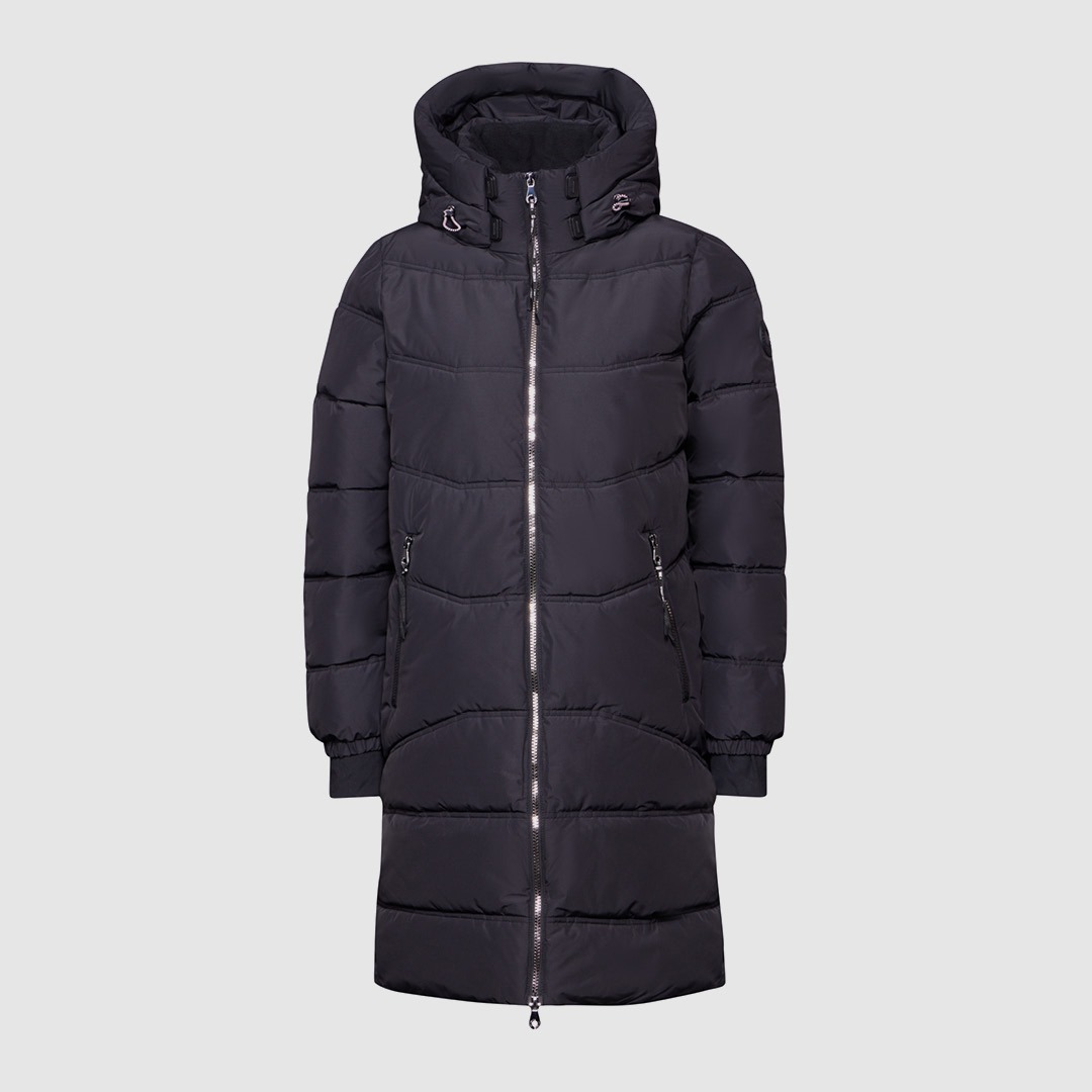 Schwarze, gepolsterte Winterjacke mit Kapuze und Reißverschluss. Schwarze, gepolsterte Winterjacke mit Kapuze und Reißverschluss.