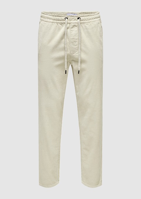 Beige Jogginghose mit elastischem Bund und Kordelzug.