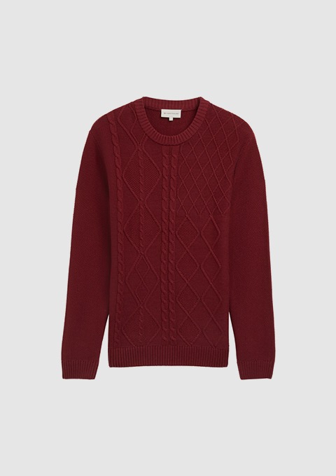 Ein roter Pullover mit strukturiertem Muster und Rundhalsausschnitt.