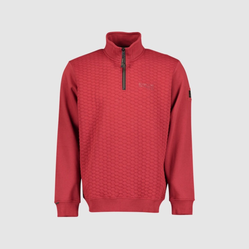 Roter Sweatshirt mit halbem Reißverschluss und gestepptem Muster.