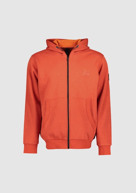 Ein roter Hoodie mit Kapuze und Reißverschluss.