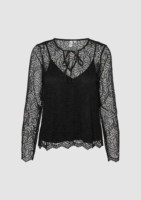 Schwarze Spitze-Bluse mit langen Ärmeln und Schleifenverschluss.