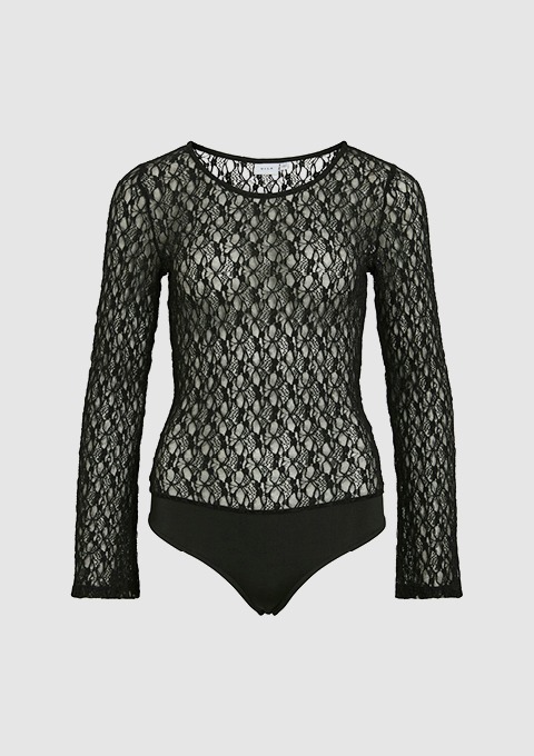 Schwarzes Langarm-Oberteil aus Spitze mit Bodysuit-Schnitt.