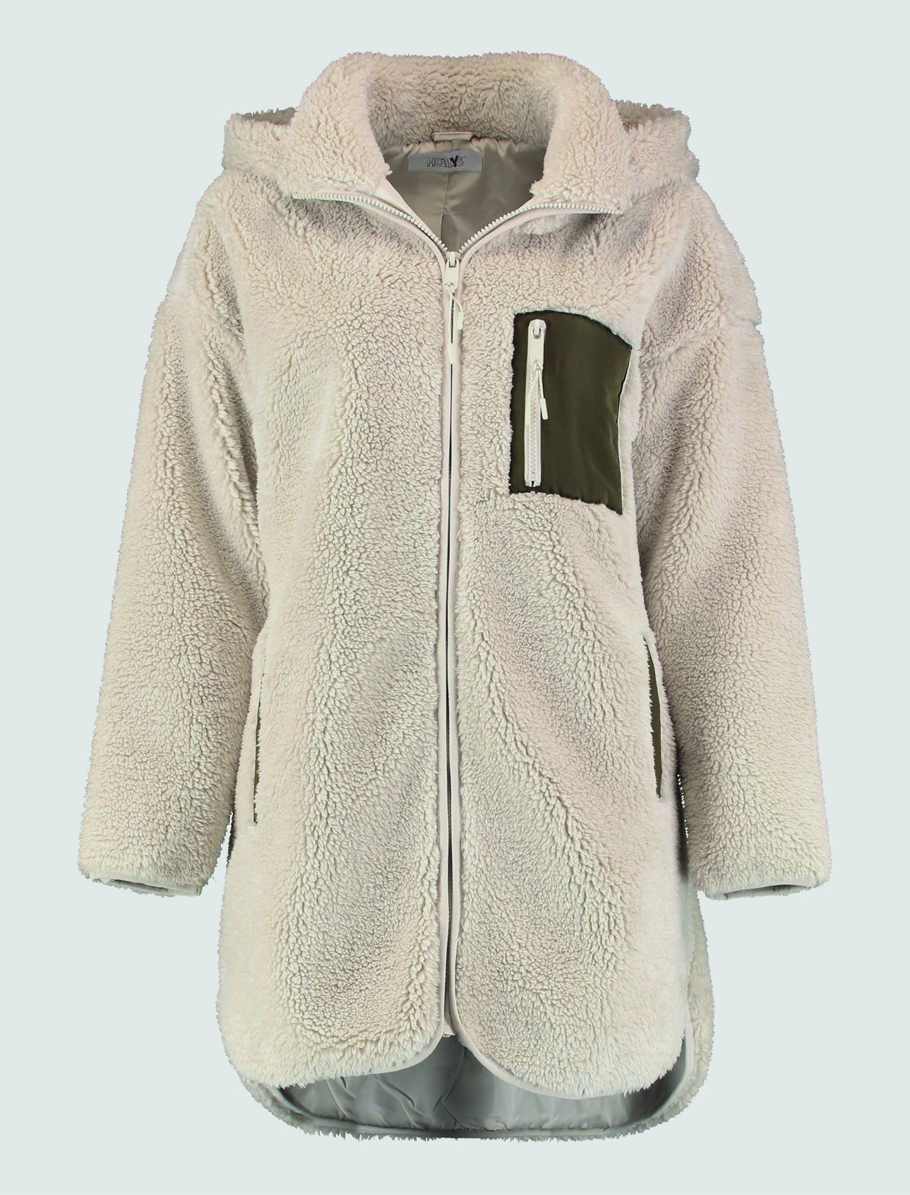 Eine helle, flauschige Jacke mit Kapuze und seitlichen Taschen. Eine helle, flauschige Jacke mit Kapuze und seitlichen Taschen.