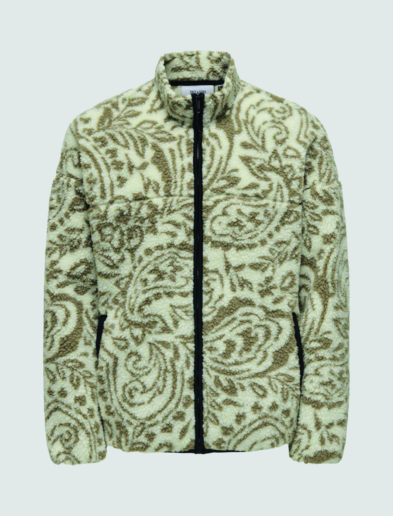 Eine grĂŒn-beige gefĂŒtterte Jacke mit Muster und ReiĂverschluss. Eine grĂŒn-beige gefĂŒtterte Jacke mit Muster und ReiĂverschluss.