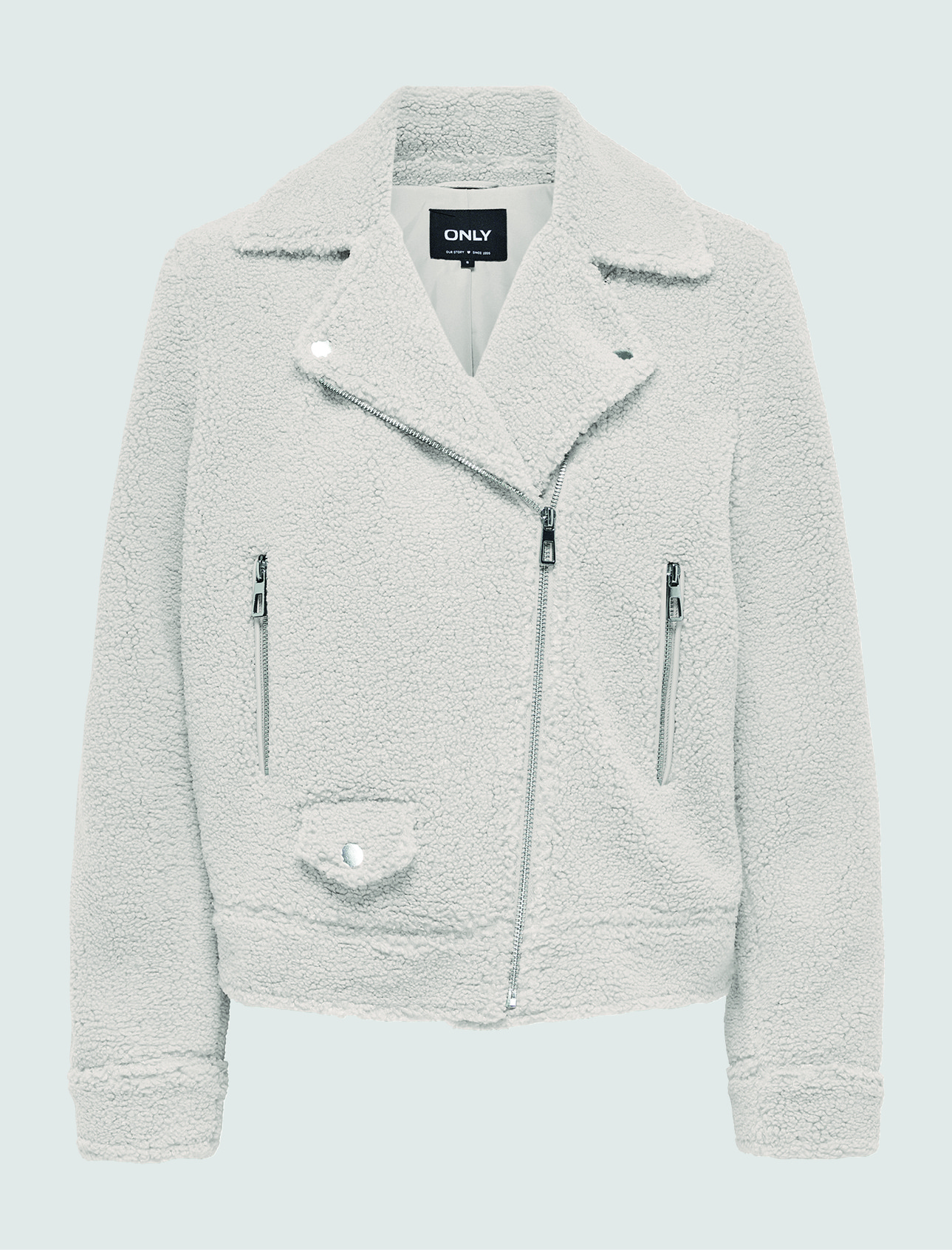 Eine graue, flauschige Jacke mit ReiĂverschluss und Kragen. Eine graue, flauschige Jacke mit ReiĂverschluss und Kragen.