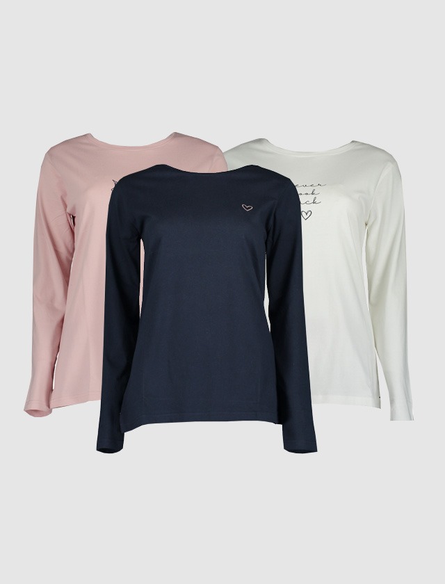 Drei Langarmshirts in rosa, navy und weiß. Drei Langarmshirts in rosa, navy und weiß.