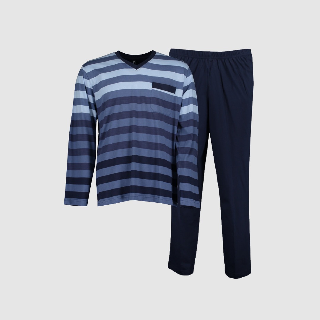 Ein gestreiftes Pyjama-Set mit Langarmoberteil und lange Hose. Ein gestreiftes Pyjama-Set mit Langarmoberteil und lange Hose.