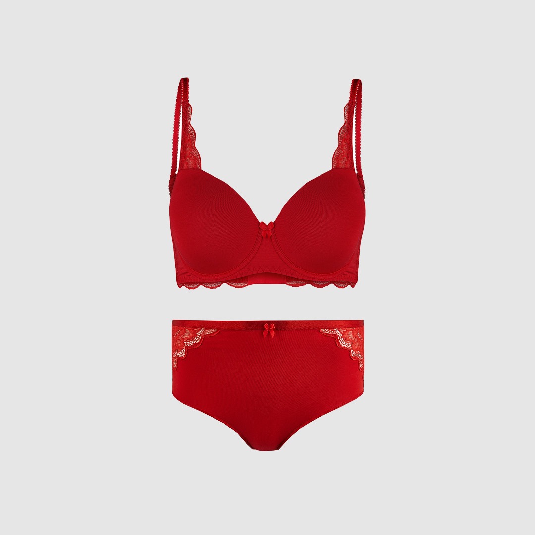 Rotes Unterwäsche-Set bestehend aus BH und Slip. Rotes Unterwäsche-Set bestehend aus BH und Slip.
