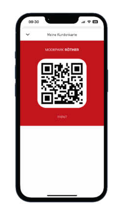Ein Smartphone zeigt eine digitale Kundenkarte mit einem QR-Code für Modepark RÖTHER.