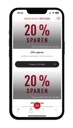 Ein Smartphone-Bildschirm zeigt Rabattangebote von Modepark Röther: 20 % sparen auf Lieblingsartikel, gültig bis 13.06.2024.