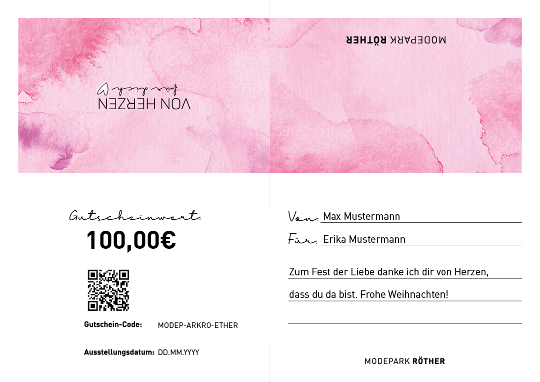 Ein Gutschein im Wert von 100,00€ für Modepark Röther, personalisiert von Max Mustermann für Erika Mustermann, mit einem herzlichen Weihnachtsgruß.