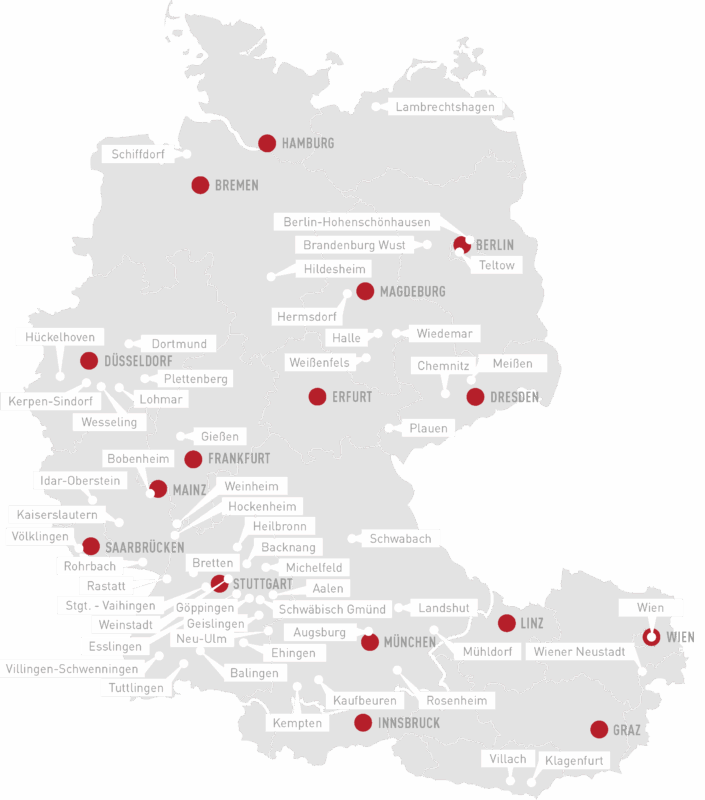 Karte von Deutschland und Teilen Österreichs mit markierten Städten und Orten. Karte von Deutschland und Teilen Österreichs mit markierten Städten und Orten.