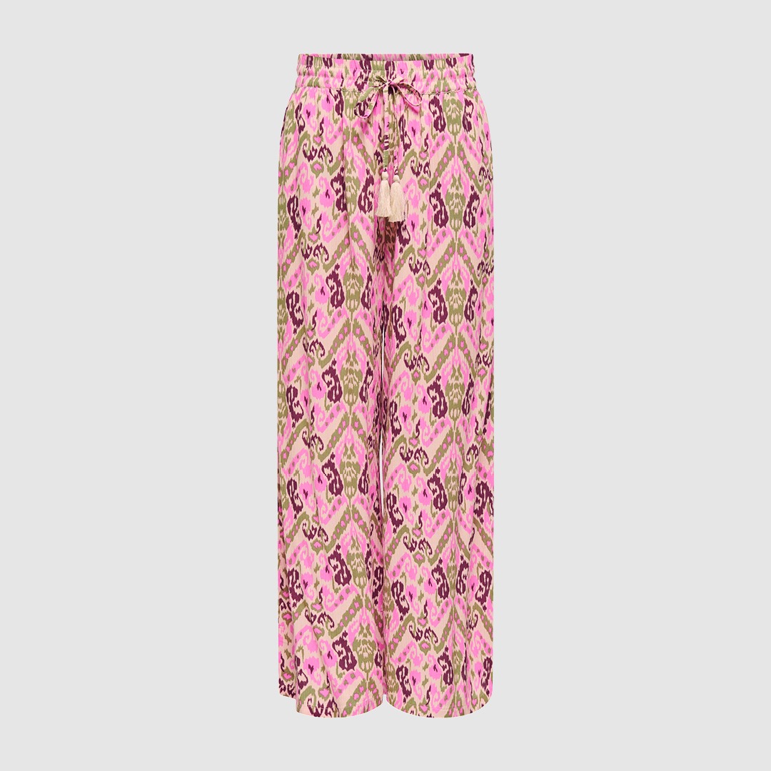 Rosenholzfarbene Hose mit gemustertem Design in Pink und Grün.