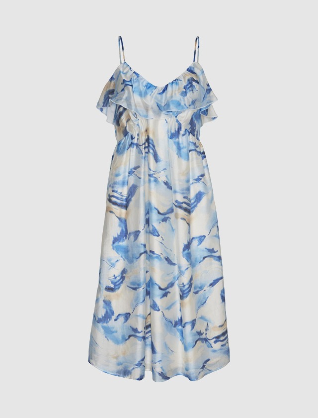 Ein blau-weiß gemustertes Kleid mit Spaghetti-Trägern und Rüschendetail.