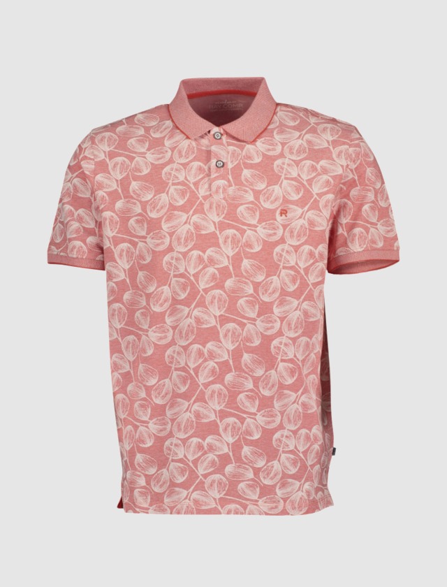 Ein rot-orangene Poloshirt mit einem Blattmuster.