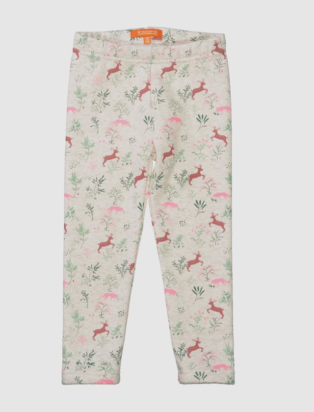 Leggings mit einem Muster aus Rehen, rosa Tieren und Pflanzen. Leggings mit einem Muster aus Rehen, rosa Tieren und Pflanzen.