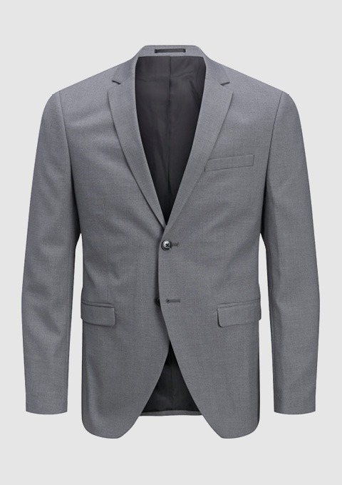 Ein grauer Blazer ohne Muster, mit einem einzigen Knopf und zwei Taschen.