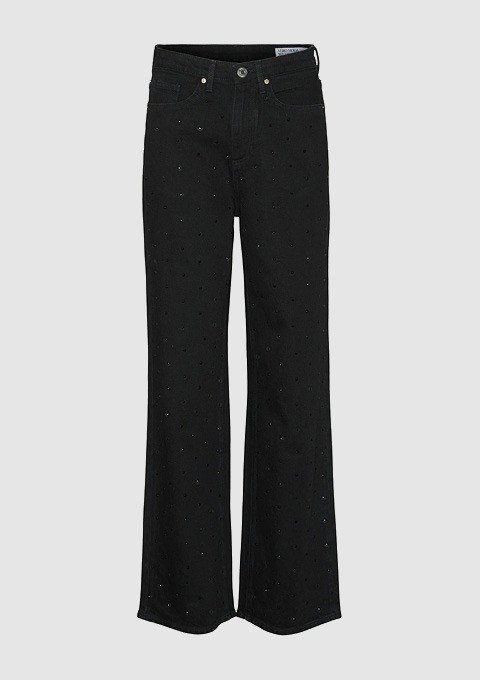 Schwarze Jeans mit weitem Bein und dekorativen Details.