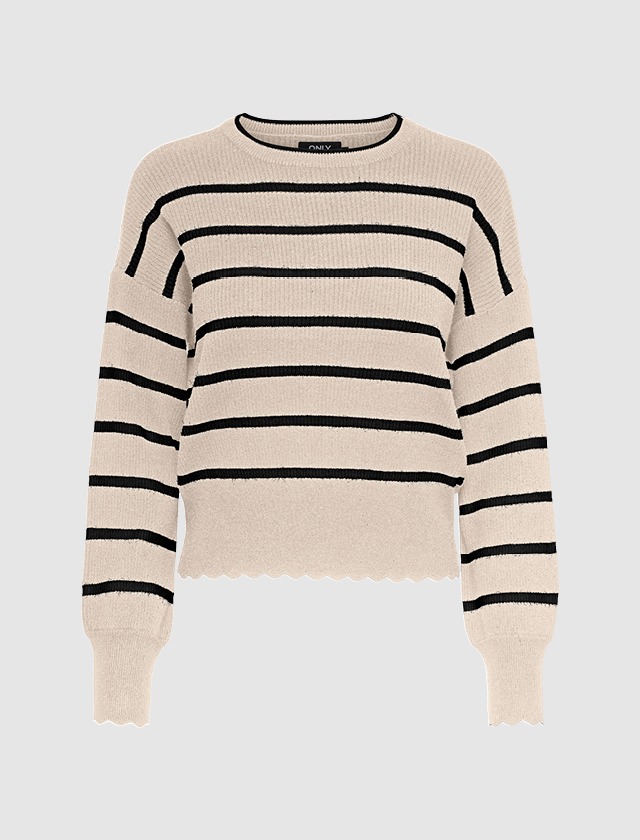 Gestreifter Pullover in Beige und Schwarz.