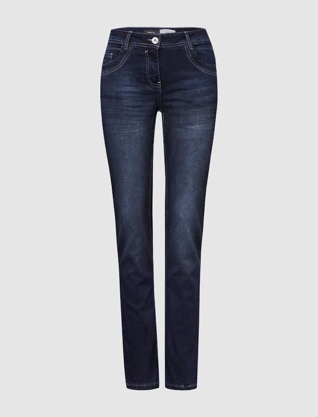 Dunkelblaue Damenjeans mit hoher Taille, ideal für einen modischen und bequemen Look.