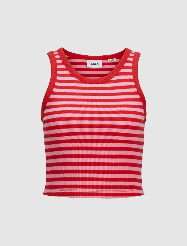 Rotes und weiß gestreiftes Tanktop, ideal für den Sommer und lässige Outfits. Rotes und weiß gestreiftes Tanktop, ideal für den Sommer und lässige Outfits.