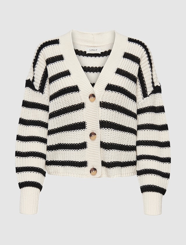 Gestreifter, kurz geschnittener Cardigan aus Strickmaterial, ideal für lässige Outfits. Gestreifter, kurz geschnittener Cardigan aus Strickmaterial, ideal für lässige Outfits.