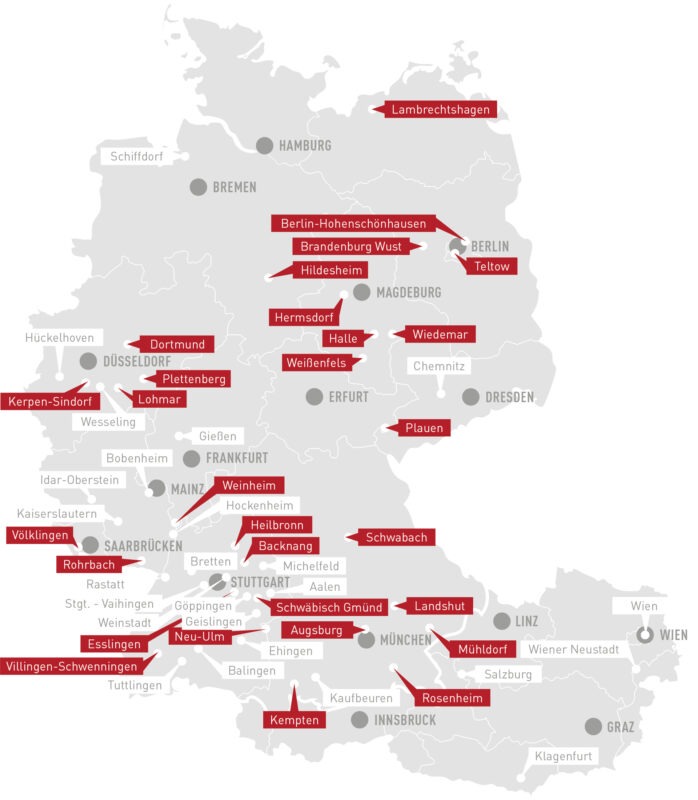 Eine Karte von Deutschland mit markierten Städten und Orten.
