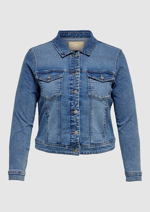 Eine blaue Jeansjacke mit langen Ärmeln und zwei Brusttaschen.