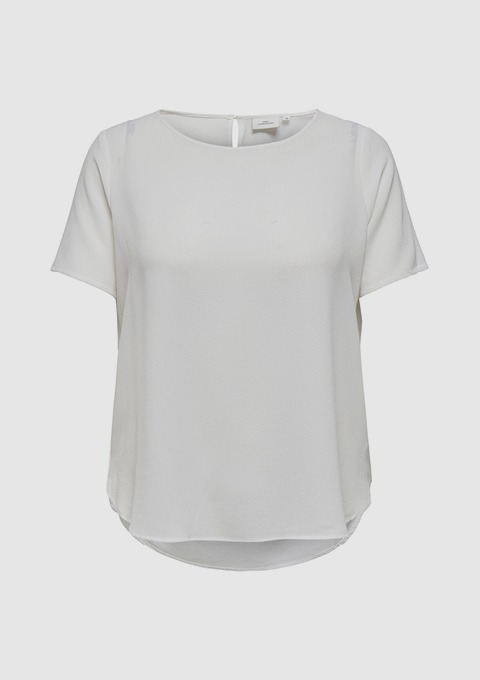 Ein weißes T-Shirt mit kurzen Ärmeln und runder Ausschnitt.