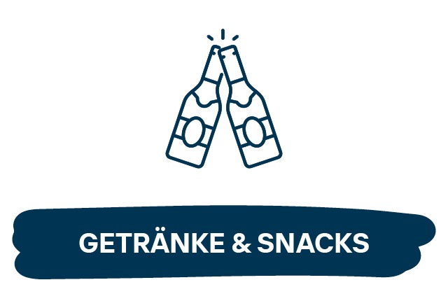 Zwei anstoßende Flaschen mit dem Text „GETRÄNKE & SNACKS“. Zwei anstoßende Flaschen mit dem Text "GETRÄNKE & SNACKS".