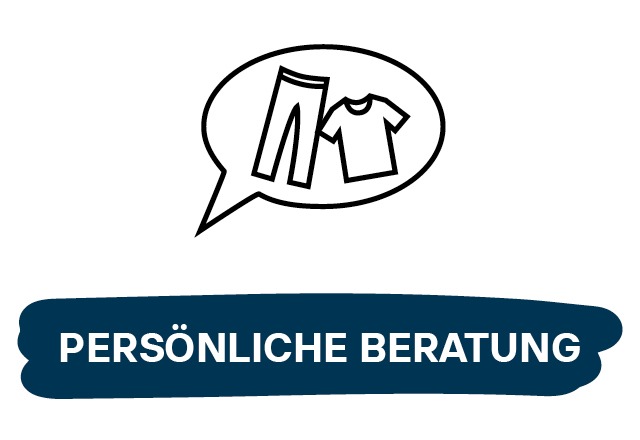 Sprechblase mit einem T-Shirt und einer Hose, darunter der Text „Persönliche Beratung“. Sprechblase mit einem T-Shirt und einer Hose, darunter der Text "Persönliche Beratung".