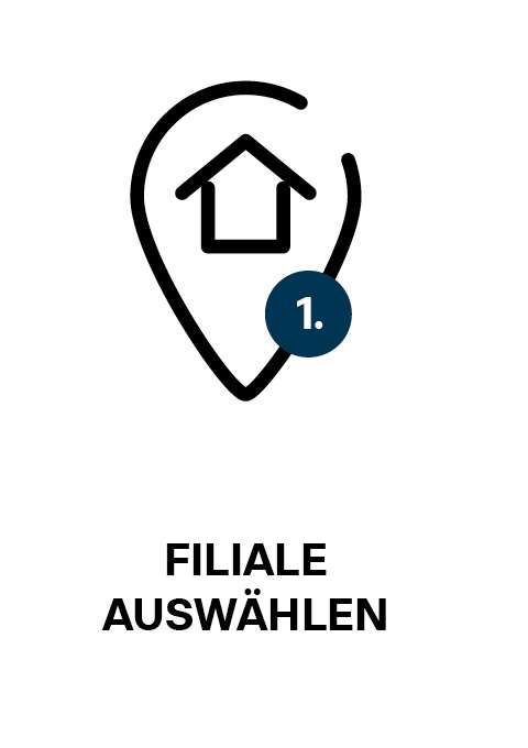 Ein Symbol mit einem Haus in einem Standortmarker und dem Text „Filiale auswählen“. Ein Symbol mit einem Haus in einem Standortmarker und dem Text „Filiale auswählen“.