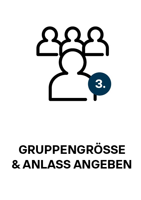 Icon mit drei Personen und der Aufschrift: „Gruppengröße & Anlass angeben“. Icon mit drei Personen und der Aufschrift: "Gruppengröße & Anlass angeben".