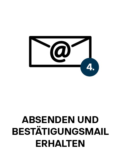 Ein Briefsymbol mit einer E-Mail-Adresse und dem Text: “ ABSENDEN UND BESTÄTIGUNGSMAIL ERHALTEN.“ Ein Briefsymbol mit einer E-Mail-Adresse und dem Text: " ABSENDEN UND BESTÄTIGUNGSMAIL ERHALTEN."