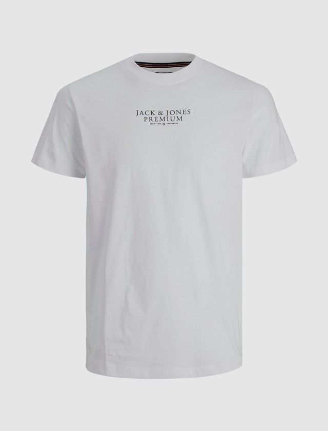 Weißes T-Shirt mit dem Aufdruck „Jack & Jones Premium“ in stilvoller Schrift. Weißes T-Shirt mit dem Aufdruck "Jack & Jones Premium" in stilvoller Schrift.