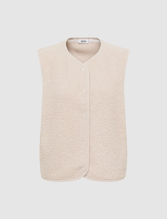 Beige ärmellose Weste aus weichem Material mit Knöpfen. Beige ärmellose Weste aus weichem Material mit Knöpfen.