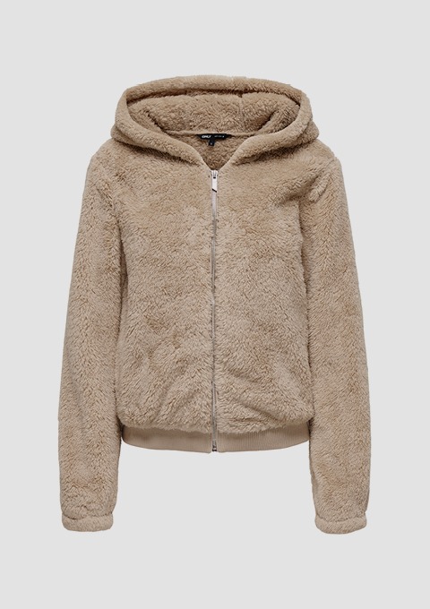 Eine beige Fleecejacke mit Kapuze und Reißverschluss. Eine beige Fleecejacke mit Kapuze und Reißverschluss.