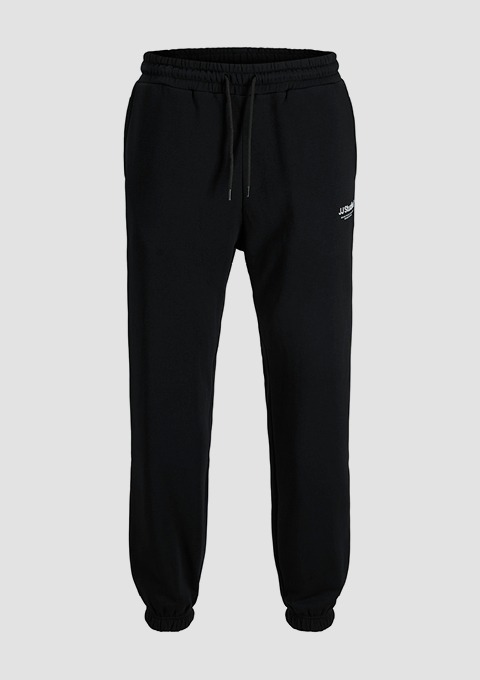 Schwarze Jogginghose mit elastischem Bund und Schriftzug. Schwarze Jogginghose mit elastischem Bund und Schriftzug.