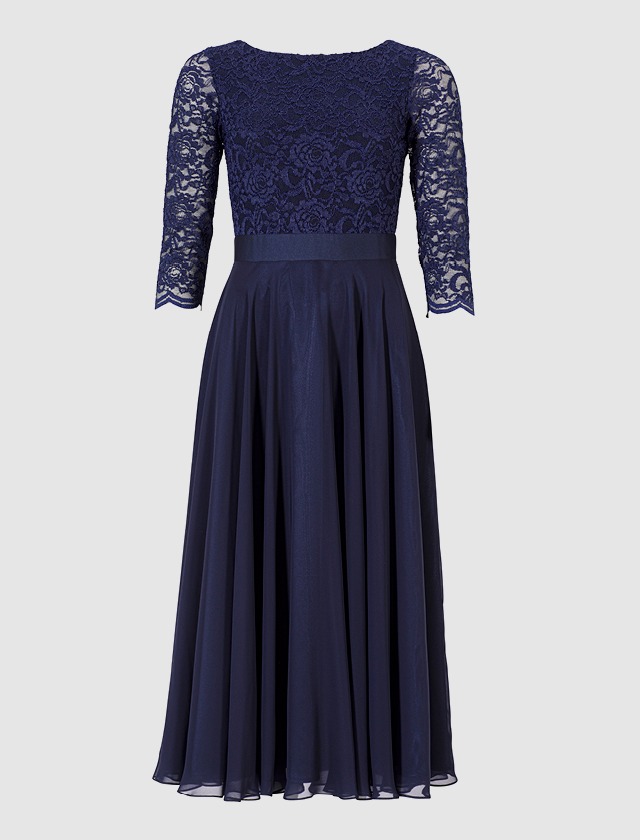 Ein marineblaues Kleid mit Spitzenärmeln und einem plissierten Rock, elegant und stilvoll für besondere Anlässe. Ein marineblaues Kleid mit Spitzenärmeln und einem plissierten Rock, elegant und stilvoll für besondere Anlässe.